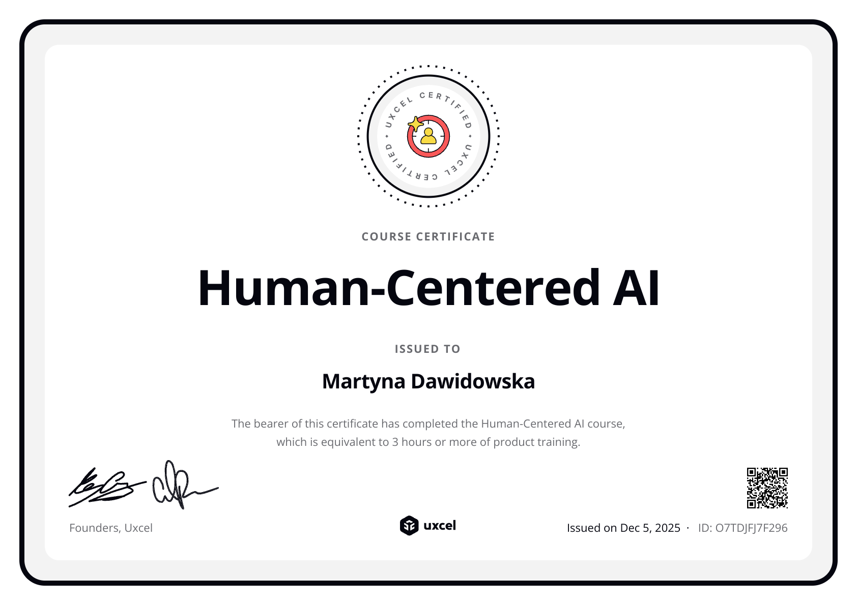 Martyna Dawidowska's certificate